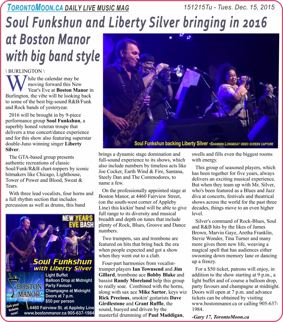 Soul Funkshun and Liberty Silver bringing in 2016 at Boston Manor with big band style