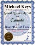 Michael Keys Blues Hall of Fame certificate